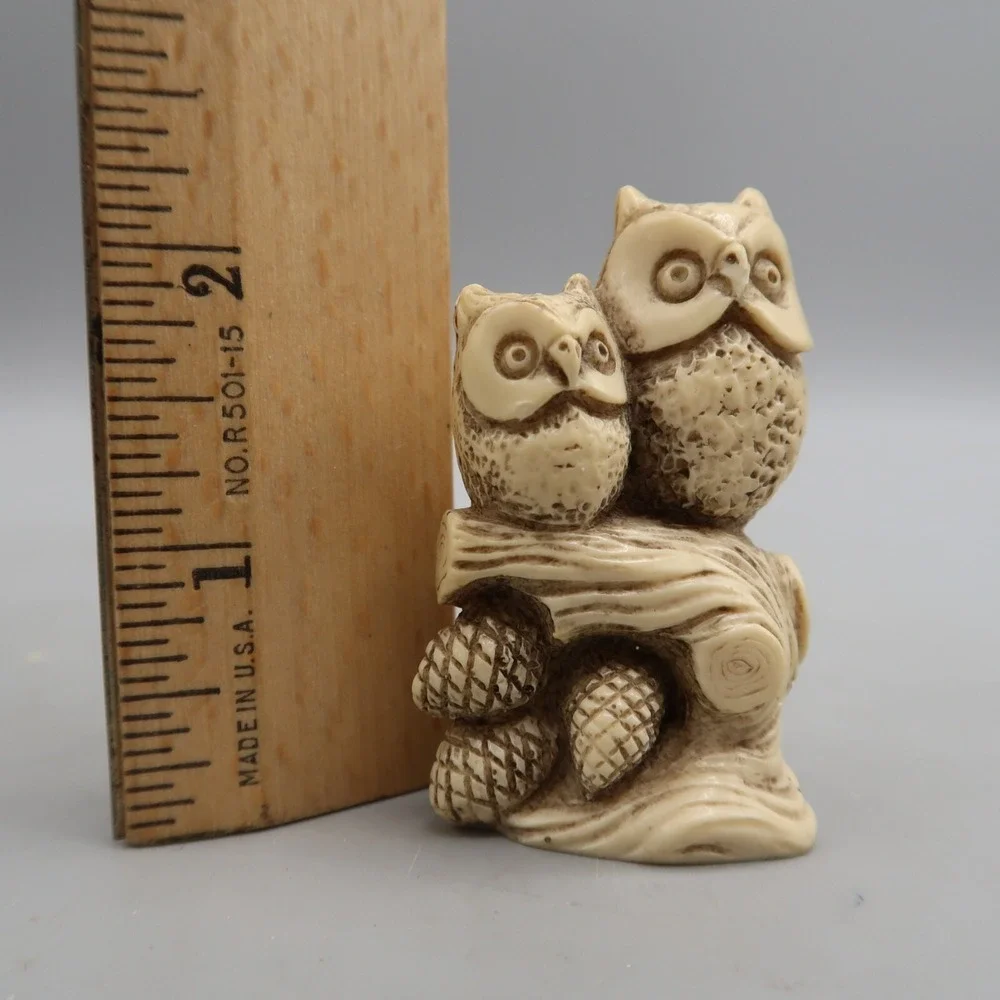 Vintage Pair Carved Owl Figurines Resin On Pine Branch With Cones Natural 2 In.